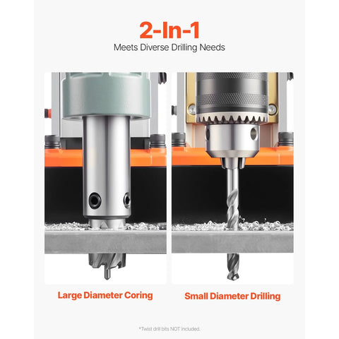Magnetic drill press, two-panel view; left shows large-diameter coring bit, right shows small-diameter drilling bit.