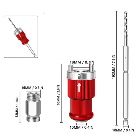 Heavy Duty Manganese Steel Hole Saw Arbor Adapter With 10mm Hex Shank Quick Swap Shaft with 192mm length and red grip.
