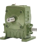 Heavy Workhorse Worm Gear Reducer One To Fifty Speed Ratio For Industrial Drive, compact green steel housing with exposed shafts.