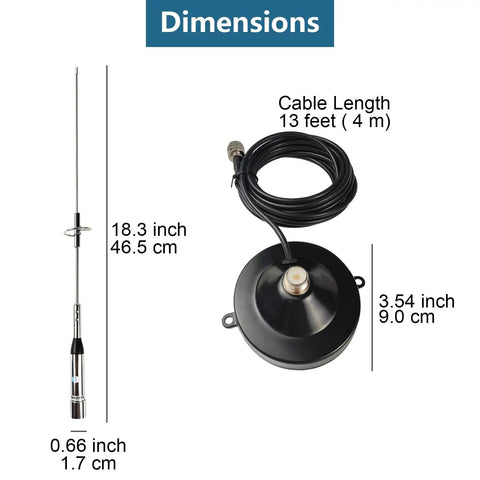 Dual Band Mobile Antenna For 2M And 70CM With Ground Plane Kit dimensions, 18.3-inch whip, 13-ft coax, magnetic base