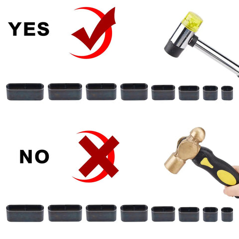 Correct usage of Leather Die Punch Cutter Set In Steel with appropriate hammer, 8 piece stainless steel, assorted sizes visible.
