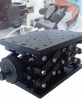 Precision Manual Lift Platform With Scale Ruler And Optical Sliding Table For Lab Work, featuring scissor Z-axis jack and adjustable platform.