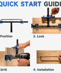Quick start guide steps for Professional Cabinet Hardware Jig With Micro Adjustment Slider And Drill Bit Storage For Nailing Drawer Pull Placement.