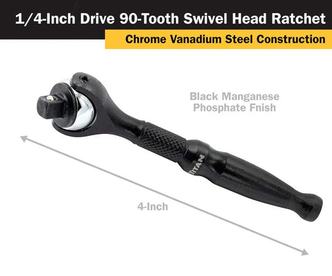 1/4-Inch Drive Micro Swivel Head Ratchet Built Tough, 4-Inch Length, 90-Tooth Reversible Mechanism, Chrome Vanadium Steel