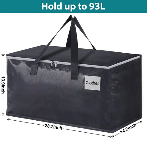 Heavy Duty Collapsible Moving Bags 93L 8-Pack With Strong Zippers And Durable Handles, dimensions labeled on bag