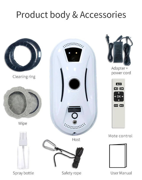 Automatic Window Cleaning Robot With AI Navigation And Edge Detection, Powerful Suction For High Rise Glass And Large Bay Windows shown with accessories