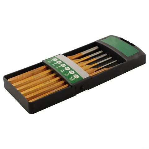 6-Piece Alloy Steel Chisel Set For Concrete Breaking And Stone Carving, displayed in open black case with size labels visible