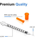 1ML Syringes 31G Five Sixteenth Inch Disposable, Individually Wrapped, 100 Pack Lab Dispensing Tools With Clear Markings, Ideal For Industrial Labs And Home Experiments. 1 mL syringe with orange cap and clear markings