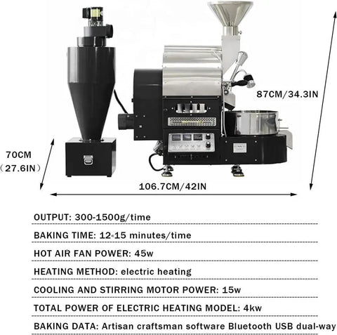 Top Tier Electric Coffee Roaster Machine With Precise Digital Timer And Spacious Nonstick Pan, side view with specs.