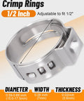 Close-up of 1/2 inch 120 Piece Single Ear Hose Clamp Set 15.0 To 17.5 Mm 304 Stainless Steel with size details.
