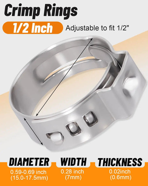 Close-up of 1/2 inch 120 Piece Single Ear Hose Clamp Set 15.0 To 17.5 Mm 304 Stainless Steel with size details.