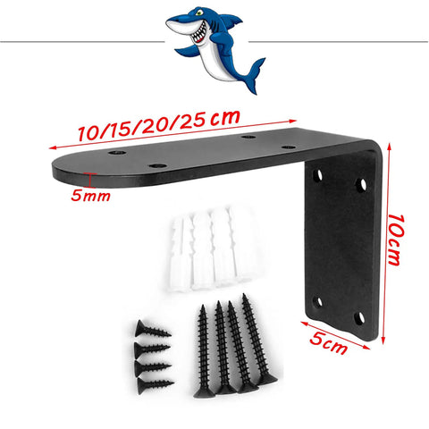 Built Like A Tank Heavy Duty L Shaped Shelf Brackets 2 Pack 9.8 Inch Wall Mount Support Frames For DIY Shelving Rust Proof Steel Holders With All Installation Hardware Included showing dimensions and included screws.