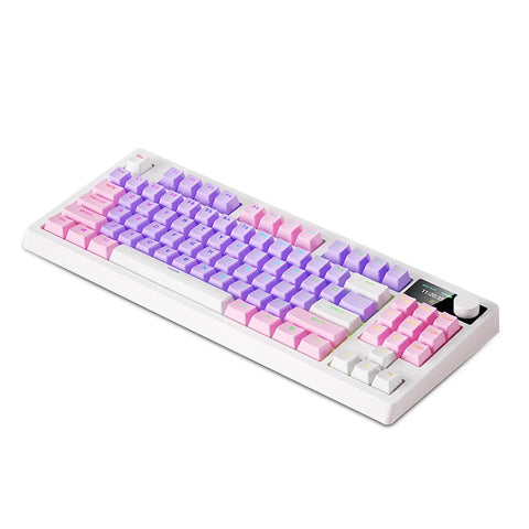 Kickass RGB Mechanical Keyboard With Hot Swappable Keys And Crisp White Switches For Gaming And Daily Grind featuring purple and pink keycaps.