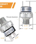 Air Pressure Switch 120-150 PSI 1 Quarter NPT DC 12V-24V for Air Horns and Compressors, dimensions shown.