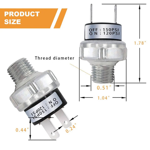 Air Pressure Switch 120-150 PSI 1 Quarter NPT DC 12V-24V for Air Horns and Compressors, dimensions shown.
