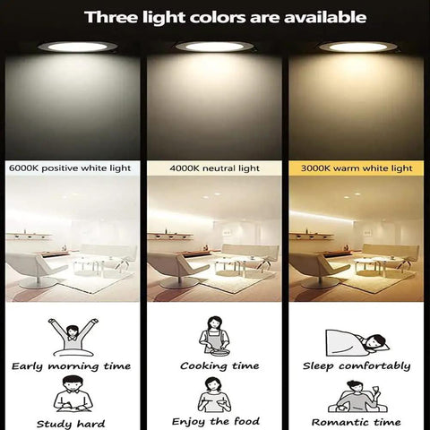 WKNHHL 7W Brass Led Recessed Light, 3 Inch Baffle Trim, CRI 95, showcasing three light colors: 6000K, 4000K, and 3000K.