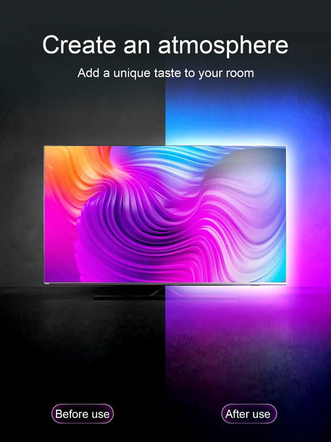 KANTUTOE LED TV backlight strip, RGB, 16.4 ft, installed behind a 45–75 inch TV (front view)
