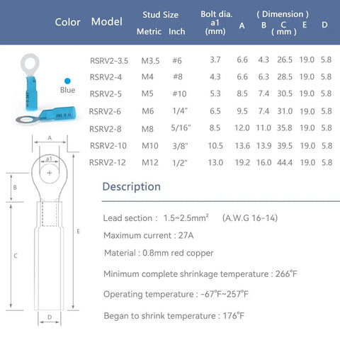 Blue Ring Terminals Set Size Eight For 16 To 14 AWG Wire Includes M4 Studs Pro Grade Heat Shrink Wire Connector Kit Tinned Red Copper Waterproof And Insulated Auto Marine Electrical Terminals details and specifications chart.