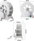 Mini 50W Low-Speed Water Turbine Generator For Off-Grid Power, white hydroelectric wheel, side and front views, with dimensions.