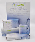 Aquaiaw heavy-duty solid brass shower arm and escutcheon packaging displayed with branding and product details.