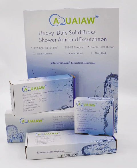 Boxes of Aquiaw Heavy-Duty Solid Brass Shower Arm pictured with logo and features displayed on packaging