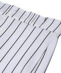 Close-up of Pro Weight Four Way Stretch 14 Ounce Tapered Baseball Pants for Adults in white with black pinstripes, button detail.