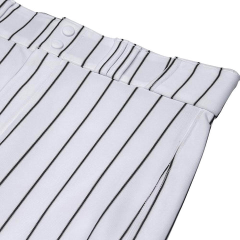 Close-up of Pro Weight Four Way Stretch 14 Ounce Tapered Baseball Pants for Adults in white with black pinstripes, button detail.