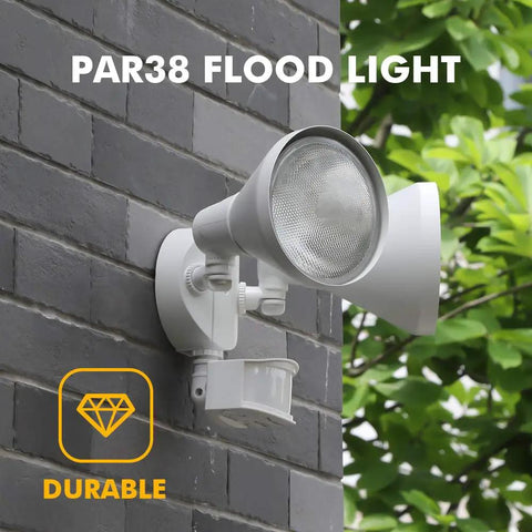 Rock Solid Heavy Duty Dual Head Motion Activated Flood Light 300 Watt Halogen 180 Degree Wide Angle Detection System All Weather Outdoor Security Wall Lamp For Backyards Patios And Driveways In White