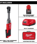 M12 Cordless 3/8 Inch Extended Reach Ratchet Kit With Knockout Torque Output And Ultra Slim Head Design showing tools and accessories.
