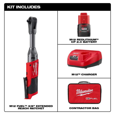 M12 Cordless 3/8 Inch Extended Reach Ratchet Kit With Knockout Torque Output And Ultra Slim Head Design showing tools and accessories.