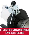 Tough As Nails 8 Inch Bench Grinder With 3600 Rpm And One Horsepower featuring clear polycarbonate eye shields for safety.