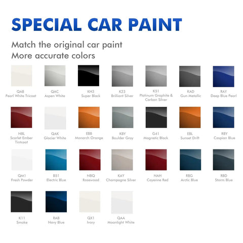 Color swatches for special car paint with various shades labeled, including RBD Storm Blue and others, showing accurate color options.