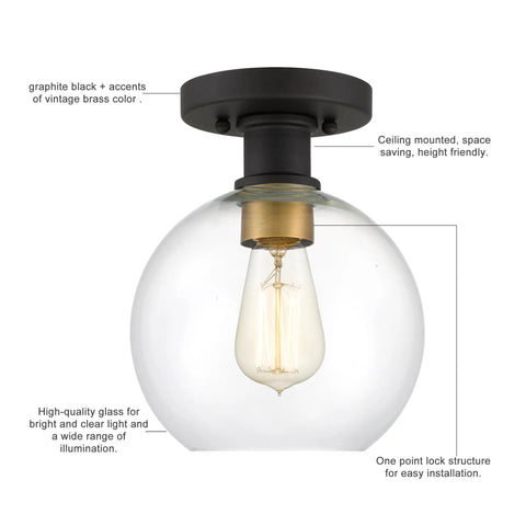 Modern Farmhouse 1 Light Flush Mount Ceiling Light With Clear Glass Globe In Black And Gold Finish, side view