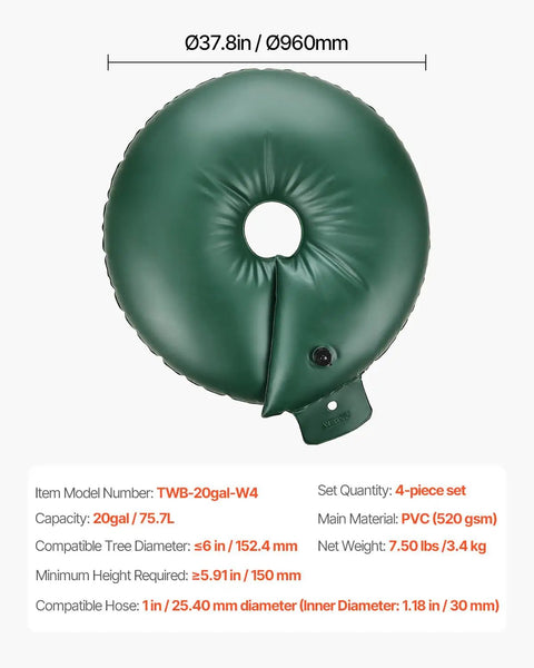 Tree Watering Bag Set Slow Release 4 Pack 20 Gallons Watering Rings in green PVC with dimensions and specifications shown.