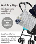 Waterproof Wet Dry Bag Set For Cloth Diapers And Swimwear on stroller, two zippered pockets, durable polyester with handle.