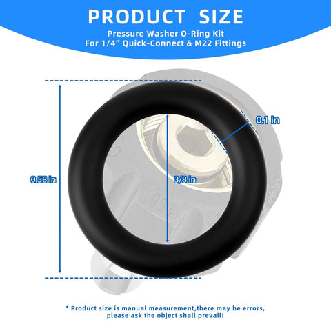 Heavy Duty Pressure Washer O Rings Kit for 1/4 Quick Couplers and M22 Fittings 3/8 Inch ID display with measurements
