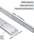 Five Pairs Soft Close Drawer Slides 20 Inch Heavy Duty Side Mount Ball Bearing 3 Section Full Extension 100Lb Capacity Silver