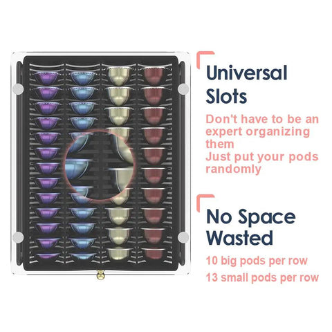 Top view of Glass Drawer Holder For Nespresso VertuoLine Pods Fits 40 Large Or 52 Small Vertuo Capsules Universal MDF Wood Kitchen Organizer Must Have Space Saving Coffee Pod Storage Drawer Solution NP03BL with colorful pods.
