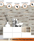 Beige Marble Peel And Stick Backsplash Tiles With Real Metal Look Easy Install DIY Friendly 10 Sheets 10.5 By 11.5 Inches Self Adhesive Mosaic Tiles For Kitchen Bathroom Laundry Camper Or Fireplace Durable PVC Vinyl With 3D Matte Finish mounted on wall.