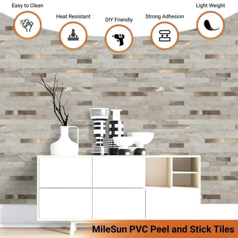 Beige Marble Peel And Stick Backsplash Tiles With Real Metal Look Easy Install DIY Friendly 10 Sheets 10.5 By 11.5 Inches Self Adhesive Mosaic Tiles For Kitchen Bathroom Laundry Camper Or Fireplace Durable PVC Vinyl With 3D Matte Finish mounted on wall.