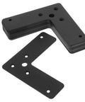 10 Pack Heavy Duty L Shaped Corner Brackets In Black Stainless Steel With Smooth Edges, stacked and spread out, for furniture reinforcement.
