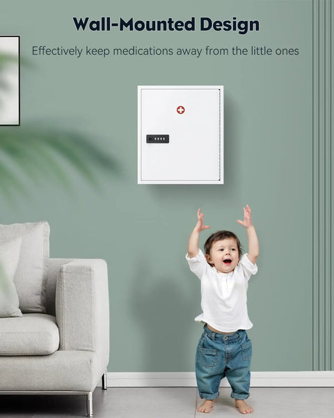 Wall Mount Medicine Cabinet With 4 Digit Code Lock And Key Lock For Secure First Aid Storage Large Capacity Steel White Bathroom