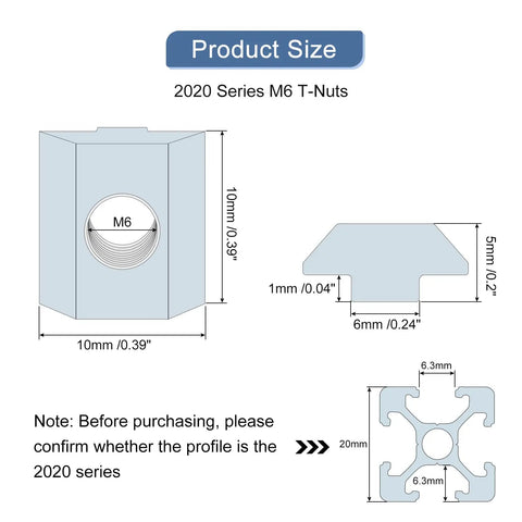 Dimensions of Rock Solid T Nuts For 2020 Aluminum Extrusion M6 Hammer Head Sliding Bolts, showing size and shape.