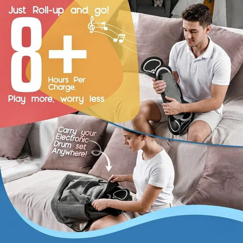 Man using 9 Pad Portable Roll Up Drum Kit With USB MIDI Bluetooth, Built In Stereo Speakers, showing its portability