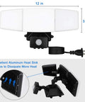 Plug In Motion Sensor Light With 3 Adjustable Heads 35W LED Outdoor Flood Light No Nonsense IP65 Waterproof Exterior Security Lighting For Garage Yard Porch Patio 6500K Cool White Black Finish, front and back view with aluminum heat sink.