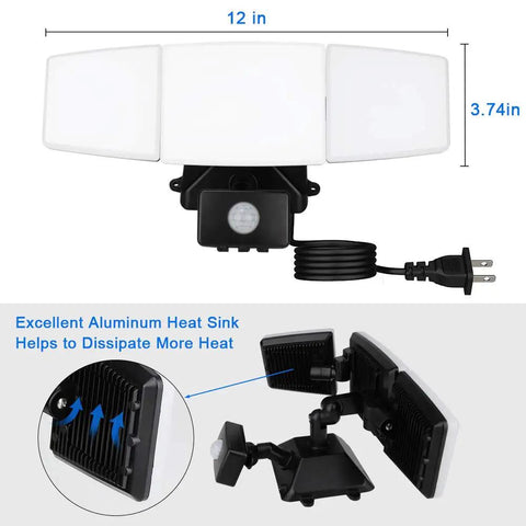 Plug In Motion Sensor Light With 3 Adjustable Heads 35W LED Outdoor Flood Light No Nonsense IP65 Waterproof Exterior Security Lighting For Garage Yard Porch Patio 6500K Cool White Black Finish, front and back view with aluminum heat sink.