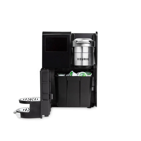 Front view of K-3500 Single Serve Commercial Coffee Maker For Busy Offices, 150 Plus Pod Varieties, includes pod storage and drip tray.