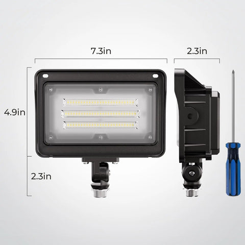 50W LED Outdoor Flood Light 7000LM IP65 Waterproof Security Wall Pack With 180 Degree Knuckle Mount, size dimensions shown