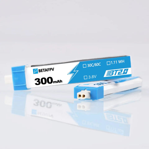 Eight Pack 300mAh 1S BT2.0 LiPo Battery With 1.0mm Banana Connector For Tiny Whoop Brushless Drones, shown in close-up