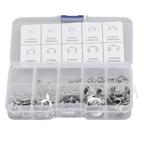 200Pcs Stainless Steel External Retaining E Clip Kit For Bearings Pulleys Gears And Shafts in plastic organizer